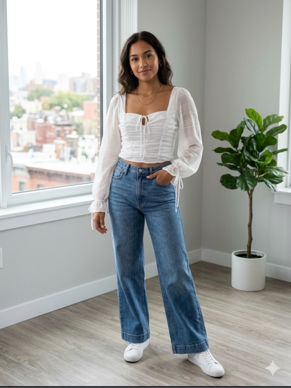 Square-Neck Smocked Tie-Front Blouse in White